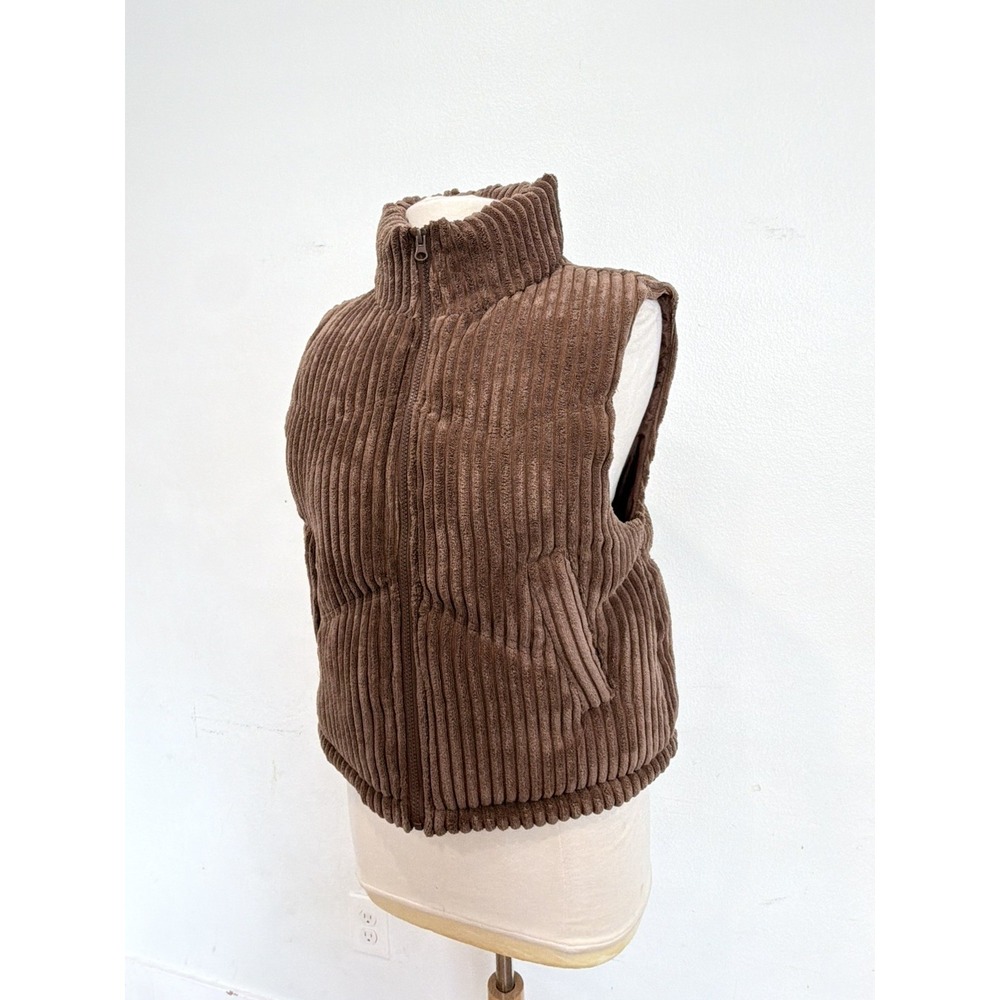 Womens Large Brown Sleeveless Zip Vest Puffy Corduroy Pocket school preppy fall